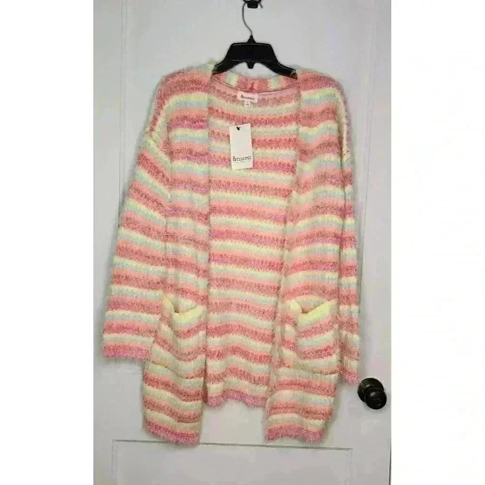 NWT Size Large &Merci Kawaii Multicolor Bright Stripe Fuzzy Fluffy Cardigan